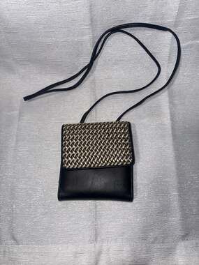 Amanda Smith Black Leather Crossbody Wallet Bag with Woven Flap Detail